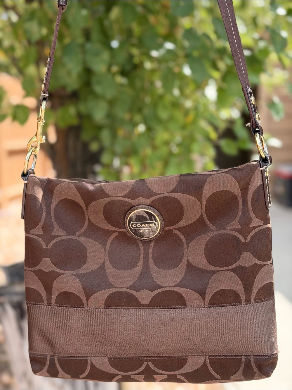 Coach Brown Signature Monogram Shoulder Bag with Gold Hardware